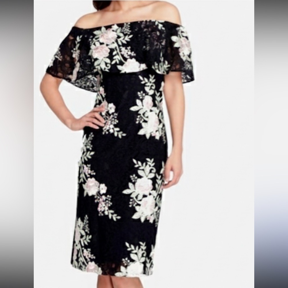 Tahari Black and Pink and Green Floral Midi Dress size 12 - Picture 1 of 5